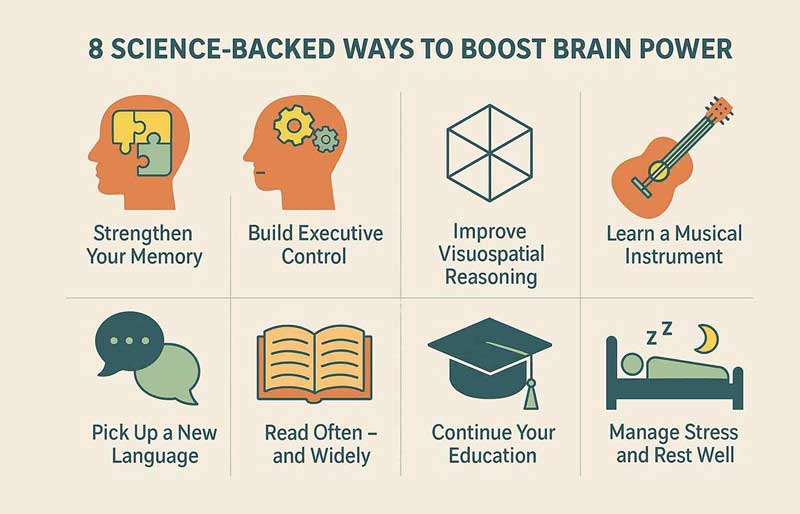 8 science-backed ways to boost brain power, featuring icons for memory, executive control, music, language, reading, and rest.
