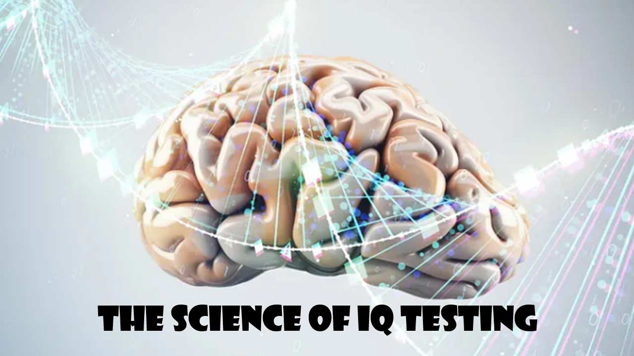 A horizontal infographic visually explaining the four core elements of IQ testing: Psychometrics, Spearman’s g Factor Theory, Cattell-Horn-Carroll (CHC) Theory, and Statistical Rigor.